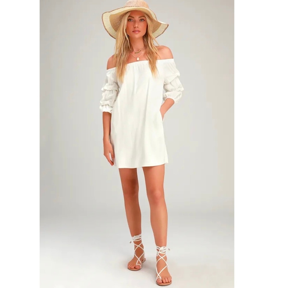 Lulus By the Pier Off-the-Shoulder Ruffle Mini Dress White Small Womens Summer